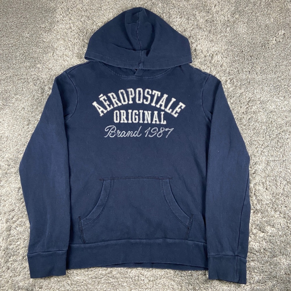 Vintage Aeropostale Hoodie Mens S Navy Blue Graphic Pullover Original Brand 1987